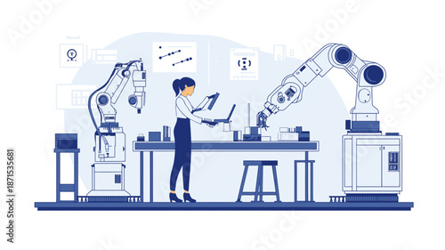 Engineer Working with Industrial Robotics Equipment.