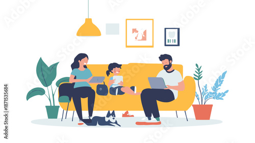 Family Sitting on Yellow Sofa Together.