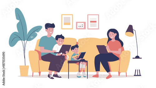 Family Working Together on Laptops at Home.