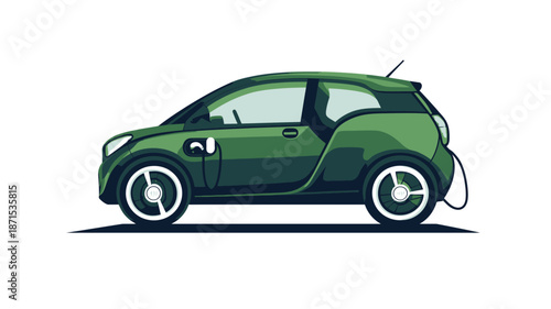 Green Electric Car Charging on White Background.