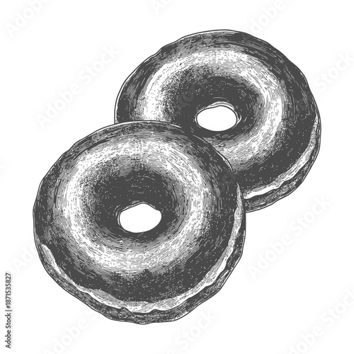 Two Glazed Donuts in an Engraved Style Illustration