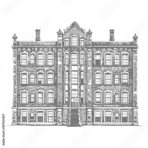 Elegant Brick Building Architectural Drawing Illustration