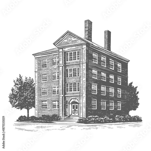 A Classic Multistory Brick Building With Trees