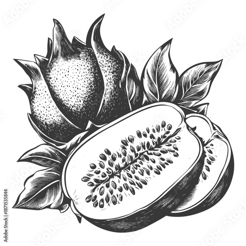 Dragon Fruit Illustration Showing Whole And Sliced Fruit With Leaves