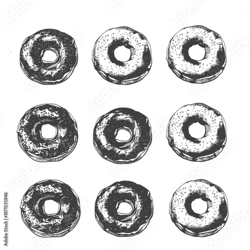 Nine Delicious Donuts Illustrated In Black And White