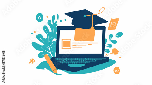 Laptop with Graduation Cap on Screen.