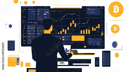 Man analyzing cryptocurrency market data on computer.