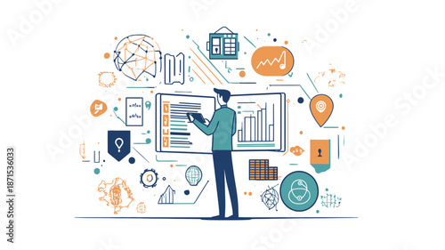 Man analyzing data on large screen display.
