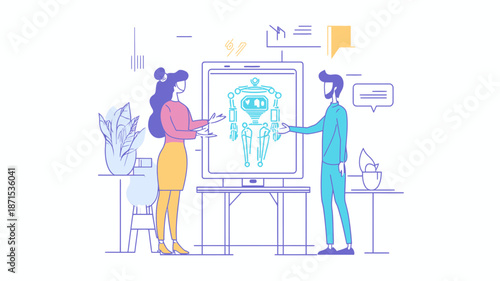 Man and Woman Discussing Robot Design on Screen.