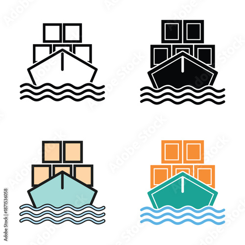 Vector illustration set of a cargo ship carrying containers on water in multiple color styles. Concept of sea freight, shipping logistics, international trade, and maritime transportation.