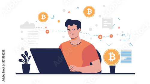 Man using laptop with bitcoin symbols.