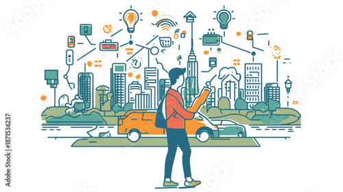 Man using smartphone with city network.