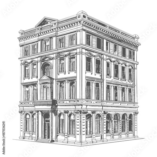 Elegant Corner Building Architectural Sketch Drawing