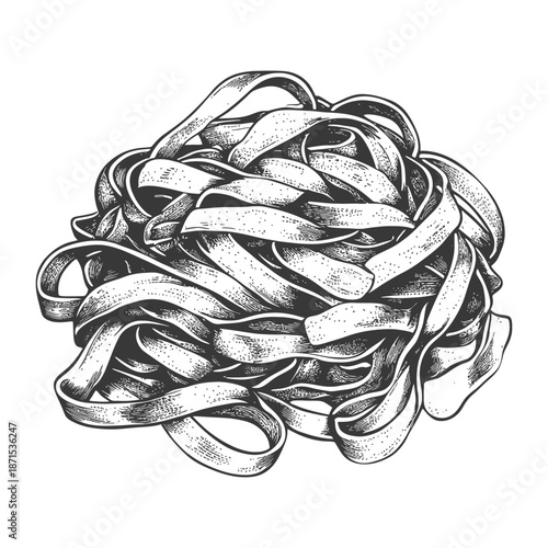 A tangled pile of pappardelle pasta rests on a white background