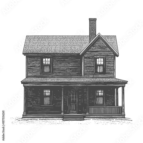 Two Story Wooden House with Porch and Chimney