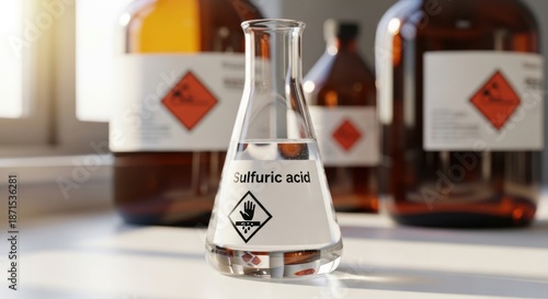 Clear sulfuric acid in a laboratory flask with amber glass bottles in the background.