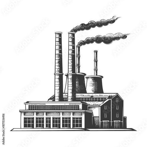Industrial Factory Building Emits Smoke From Tall Chimneys
