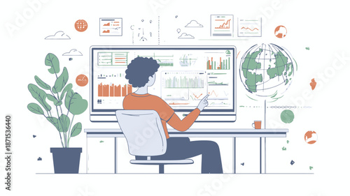 Man Working on Computer with Global Data.