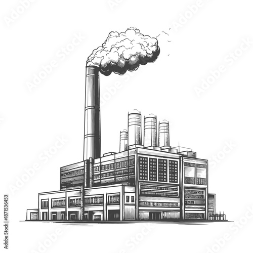 Industrial Factory Building Emits Smoke From Tall Chimney