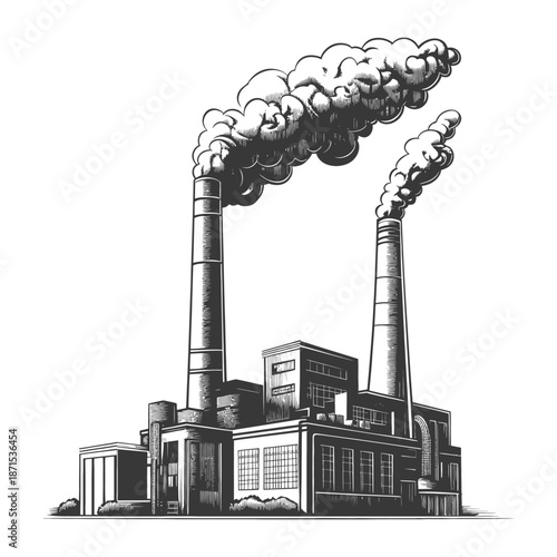 Industrial Factory Building Emits Smoke From Tall Chimneys