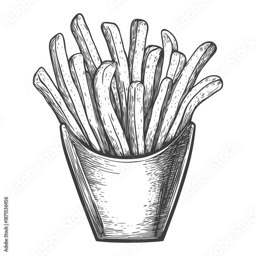 A serving of french fries in a paper container