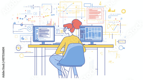 Person Working on Dual Computer Monitors.