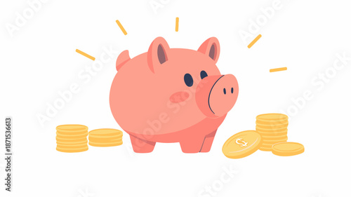 Pink Piggy Bank with Coins Nearby.