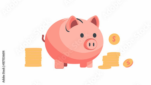 Pink Piggy Bank with Coins and Bills.