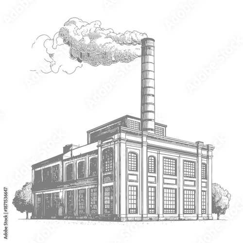A Vintage Factory Building Emits Smoke From Its Tall Chimney