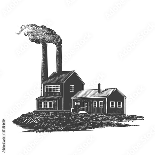 Industrial Factory Building With Smoke Stack Emission