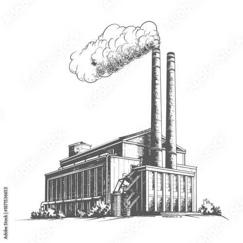 Industrial Factory Building Emits Smoke From Tall Chimneys