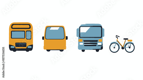 School Bus Minibus Truck Bicycle Illustration.