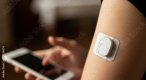 Close up of a person's arm with a continuous glucose monitor attached and a smartphone in hand.