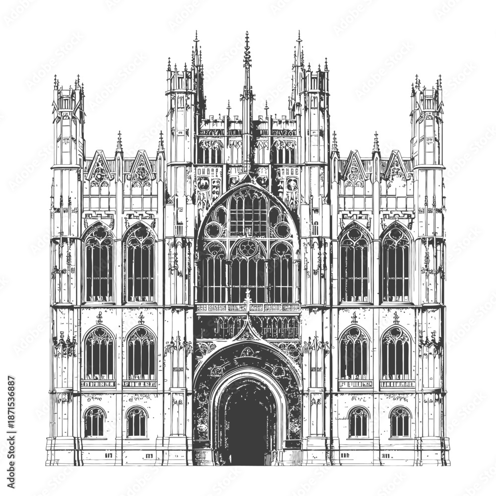 Obraz premium Gothic Architecture Building Facade Detailed Drawing