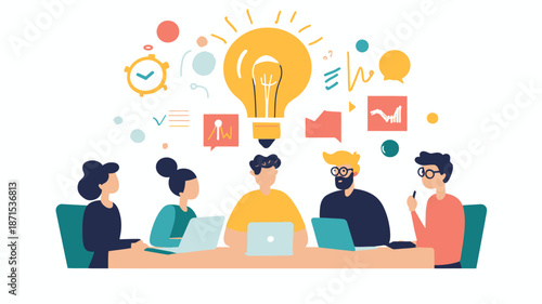 Team Brainstorming Session with Lightbulb Idea.