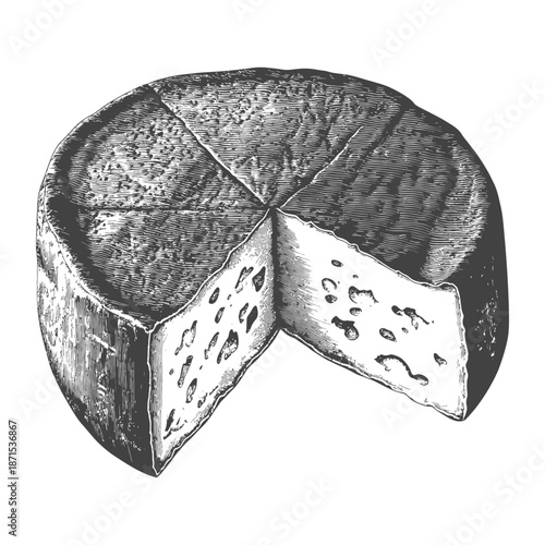 A wheel of cheese with a slice removed showing its interior