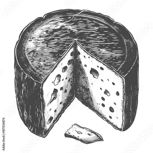 A wheel of cheese cut into wedges and a small piece
