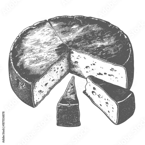A wheel of cheese sliced into wedges and pieces