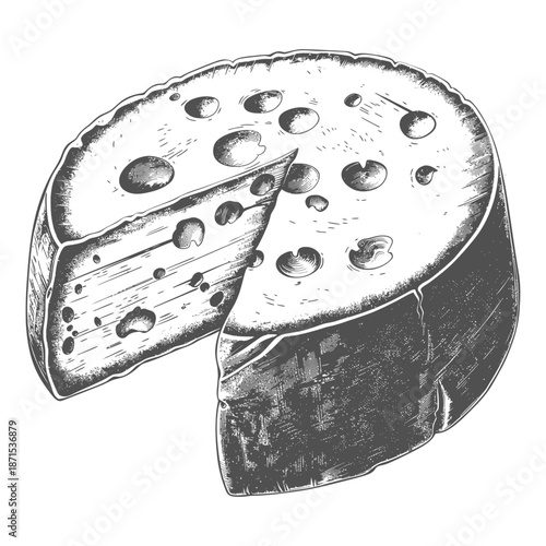 A wheel of cheese sliced showing its interior texture
