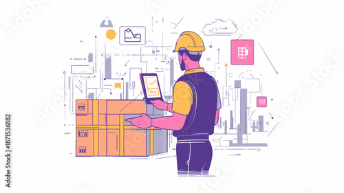 Warehouse Worker Managing Inventory with Tablet.