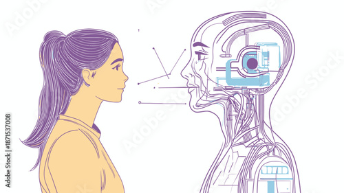 Woman Talking to Robot Humanoid Machine.