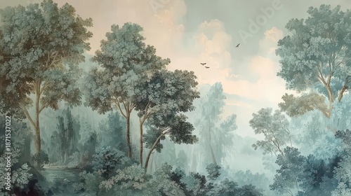 Wallpaper design with a forest theme. Design for wallpaper, photo wallpaper, frescoes, wall painting and other works.