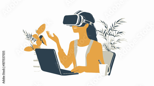 Woman using virtual reality headset with laptop.