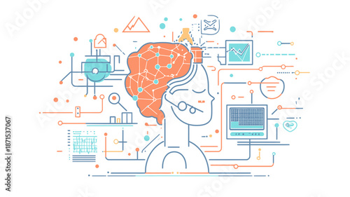 Woman with Brain Illustration and Technology.