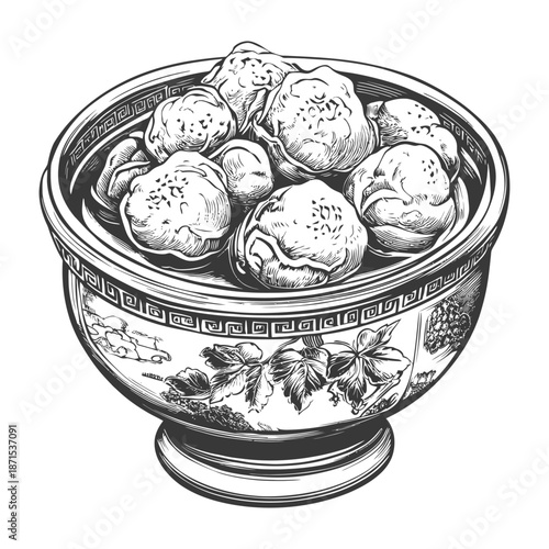 Ornate Bowl Filled With Meatballs Ready To Eat