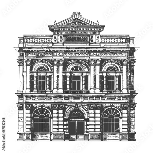 Elegant Classical Building Facade Architectural Drawing
