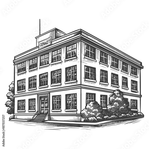 A detailed drawing of a vintage multistory building