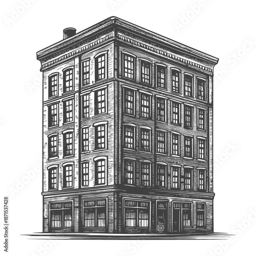 A Detailed Drawing Of A Classic Multi Story Brick Building