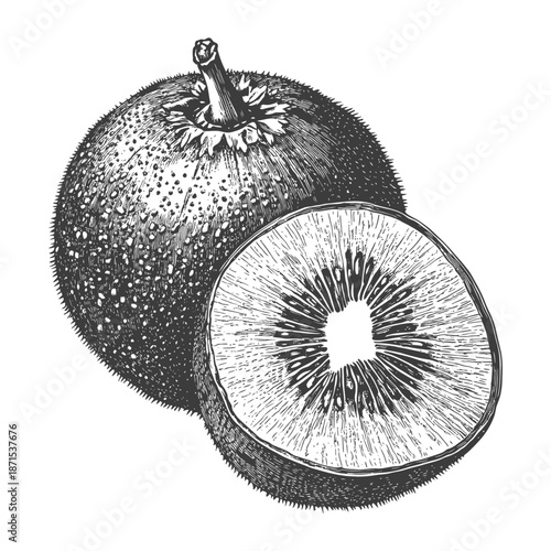 Whole Kiwi Fruit and a Sliced Kiwi Half