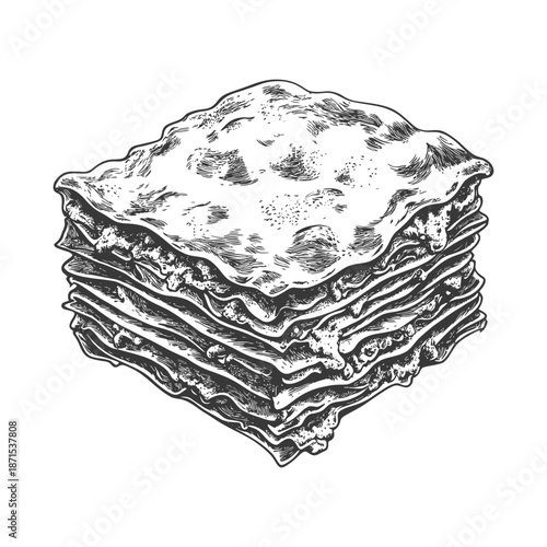 A Detailed Illustration Of A Lasagna Serving